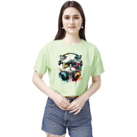 Elliti Soft Rich Cotton Casual Cat Face Printed Cyan/See Green Half Sleeve | Round Neck | Oversized/Loose Fit | Down Solder | Rainbow Color Printed Crop Top For Women (Size: Xxl)