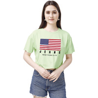 Elliti Soft Rich Cotton Cyan/See Green Half Sleeve | Round Neck | Oversized/Loose Fit | Down Solder | Us Flage Print Crop Top For Women (Size: Xxl)
