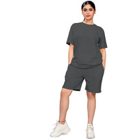 Elliti Women's Cotton Casual Wear Solid/Plain Night Suit Set Of Top & Shorts, Co Ord Set (Colour: Dark Grey)(Size: Xl)