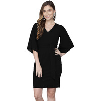 Addyvero V-Neck 3/4 Sleeve Cotton Blend Solid Bodycon Knee-Length Women Dress (Black, L)