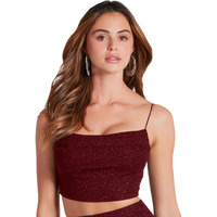 Addyvero Cowl Neck Spghetti Shoulder Straps Solid Glitter Women Regular Fit Crop Top (Maroon, L)