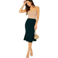 Addyvero High Rise Elastic Cotton Blend Solid Flared Pencil Fit Knee-Length Women Skirt (Green, 34)