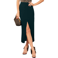 Addyvero High Rise Elastic Cotton Blend Solid Front Cut Pencil Fit Below Knee Women Slit Skirt (Green, 30)