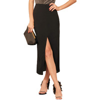 Addyvero High Rise Elastic Cotton Blend Solid Front Cut Pencil Fit Below Knee Women Slit Skirt (Black, 28)