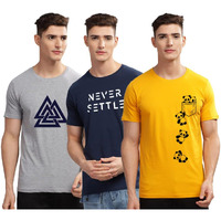 Adro 100% Cotton Lycra Tshirts For Men Combo Pack Of 3 | Regular Fit | Printed T Shirt | Round Neck Half Sleeve| Mens Tshirts|Rcm3_Poc-Mu_Set-Nb_Tkt-Gr_L