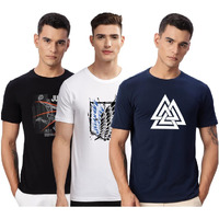 Adro 100% Cotton Lycra Tshirts For Men Combo Pack Of 3 | Regular Fit | Printed T Shirt | Round Neck Half Sleeve| Mens Tshirts|Rcm3_Tkt-Nb_Winn-Wh_Bcl-Bl_3Xl