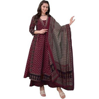 Anni Designer Women's Rayon Viscose Anarkali Printed Kurta With Pant & Dupatta (Nakula Wine-Vks06_Xl_Wine_X-Large)