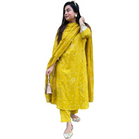 Anni Designer Women's Rayon Viscose Straight Printed Kurta With Pant & Dupatta (Radnya Yellow_S_Yellow_Small)