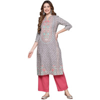 Anubhutee Women's Cotton Thread Work Floral Printed Straight Kurta Abwka2136_Gr_S_Grey