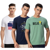Adro 100% Cotton Lycra Tshirts For Men Combo Pack Of 3 | Regular Fit | Printed T Shirt | Round Neck Half Sleeve| Mens Tshirts|Rcm3_Bvv-Pt_Die-Nb_Nww-Wh_L