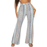 Avanova Women's & Girls Sky Blue Geo Print Dress Pants Stretchy Work Slacks Business Casual Office Bell-Bottom/Boot-Cut Elastic Waist Regular Fit Trouser Pant (Tringal Pant 77 Sky M)