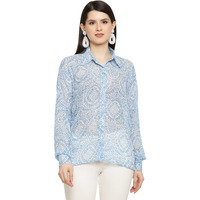 Avanova Blue Printed Chiffon Sheer Mesh Button Down Shirt Top Long Sleeve Drop Shoulder Blouse (Shirt 73 Blue Print L)