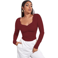 Avanova Women's & Girl's Maroon Full Sleeve, Sweat Hear Neck, Frill Trim Ruched Crop Top For Women, Tops, T-Shirts For Girls (Top 71 Maroon S)