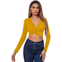 Avanova Women's & Girl's Mustard Full Sleeve, V-Neck, Ruched Bust Solid Tops For Women/Tops, T-Shirts For Girls (Top 64 Mustard M)