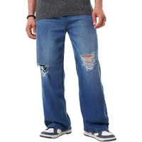 Bewakoof Men's Baggy Straight Fit Distressed Jeans_624277_Blue_34