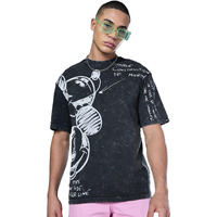 Bewakoof Official Disney Merchandise Mickey Men's Graphic Printed Oversized Fit Half Sleeve Round Neck Cotton Acid Wash T-Shirt_617104_Grey_L