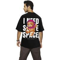 Bewakoof Men's Need Space Teddy Typography 100% Cotton T-Shirt - Oversized Fit, Round Neck, Half Sleeves Black