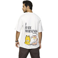 Bewakoof X Official Garfield Merchandise Men's Garfield Hates Mornings Graphic Print 100% Cotton T-Shirt - Oversized Fit, Round Neck, Half Sleeves, White