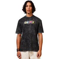 Bewakoof Official One Piece Merchandise Men's Graphic Print Oversized Fit Half Sleeve Round Neck Cotton Acid Wash T-Shirt_630630_Black_M