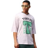 Bewakoof X Official Teenage Mutant Ninja Turtles Merchandise Men's Turtles Jersey Graphic Printed Mesh T-Shirt - Oversized Fit, V-Neck, Half Sleeves_603964_White_Xl
