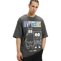 Bewakoof Official Spongebob Merchandise Men's Graphic Print Oversized Fit Half Sleeve Round Neck Cotton Jersey T-Shirt_648703_Grey_M