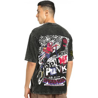 Bewakoof Official Marvel Merchandise Spider Punk Men's Graphic Printed Oversized Fit Half Sleeve Round Neck Cotton T-Shirt_660979_Black_M