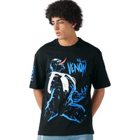 Bewakoof Official Marvel Merchandise Venom Men's Graphic Printed Oversized Fit Half Sleeve Round Neck Cotton Jersey T-Shirt_649985_Black_L