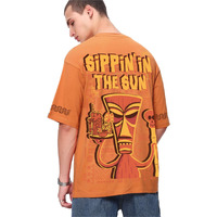 Bewakoof Men's Graphic Print Oversized Fit Half Sleeve Round Neck Cotton T-Shirt_666848_Orange_L