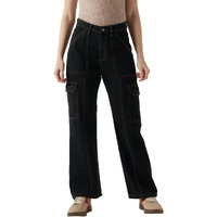 Bewakoof Women Solid Wide Leg 100% Cotton Cargo Jeans_646618_Black_30
