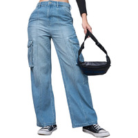 Bewakoof Women's Solid Straight Fit Cotton Cargo Jeans_625163_Blue_30