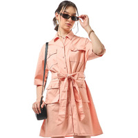 Bewakoof Women's Solid Oversized Fit Half Sleeve Collared Cotton Blend Shirt Dress_628200_Orange_Xl