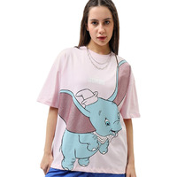 Bewakoof Official Disney Merchandise Women's Graphic Printed Oversized Half Sleeve Round Neck 100% Cotton T-Shirt_615048_Pink_L
