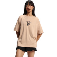 Bewakoof Women's Graphic Print Oversized Fit Half Sleeve Round Neck Cotton T-Shirt_628311_Brown_Xs