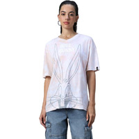 Bewakoof Official Looney Tunes Merchandise Women's Graphic Printed Oversized Fit Half Sleeve V-Neck Cotton T-Shirt_ 589790 White Xs