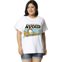 Bewakoof Women's Cotton Loose Fit X Official Garfield Merchandise Avoiding Responsibilities Graphic Printed T-Shirt - Boyfriend Fit, Round Neck, Half Sleeves_595719_White_3Xl