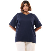 Bewakoof Women's Solid Oversized Fit Drop Shoulder Round Neck Cotton Plus Size T-Shirt_581057_Blue_4Xl