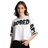 Bewakoof Women's Bored Typography Cotton Top - Oversized Fit, Round Neck, Short Sleeves_582038_White_S