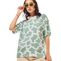 Bewakoof Women All Over Printed Oversized Fit Half Sleeve Round Neck Cotton Jersey T-Shirt_628018_Green_M