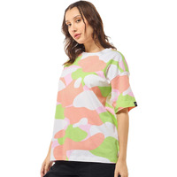 Bewakoof Women's All Over Printed Oversized Fit Half Sleeve Round Neck Cotton Jersey T-Shirt_628009_Multicolor_Xs