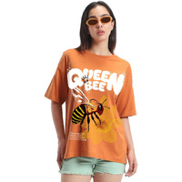Bewakoof Women's Graphic Print Oversized Fit Half Sleeve Round Neck Cotton T-Shirt_664104_Orange_M