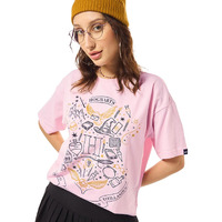Bewakoof Heavy Duty 1.0 Official Harry Potter Merchandise Hogwarts Sigil Women's Graphic Print Oversized Fit Half Sleeve Round Neck Terry T-Shirt_629436_Pink_3Xl