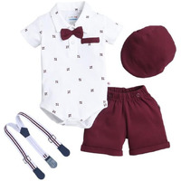 Bumzee Baby Boys Cotton Bodysuit & Short Set With Bow Suspender & Cap White & Maroon - 6-9 Months