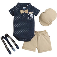 Bumzee Baby Boys Cotton Bodysuit & Short Set With Bow Suspender & Cap Navy & Beige - 6-9 Months