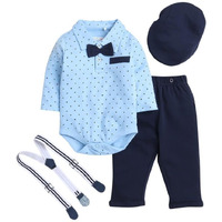 Bumzee Sky Blue & Navy Boys Full Sleeves Cotton Bodysuit Pant Set With Suspender & Cap Age - 3-6 Months (Peb9857C-Sbl.Nbl)