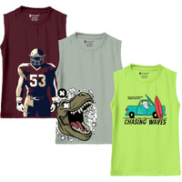 Kyda Kids 100% Cotton Bio Washed Premium Printed Boys Sleeveless Loose Fit Tshirt - Antibacterial Boys Vest - Pack Of 3