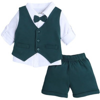 Bumzee Boys Cotton Full Sleeves Shirt & Short Set With Waistcoat And Applique Bow White & Green - 18-24 Months (Peb10528E-Wht)