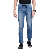 Campus Sutra Mens Classic Blue Light-Washed Regular Fit Denim Jeans, Elasticated Hem Drawstring Mid-Rise Stretchable Cotton Denim Jeans Crafted With Comfort Fit