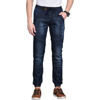 Campus Sutra Mens Classic Blue Dark-Washed Patterned Regular Fit Denim Jeans | Drawstring Mid-Rise Stretchable Cotton Denim Jeans Crafted With Comfort Fit And High Performance For Everyday Wear