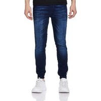 Campus Sutra Mens Classic Blue Dark-Washed Side Striped Regular Fit Denim Jeans | Drawstring Mid-Rise Stretchable Cotton Denim Jeans Crafted With Comfort Fit And High Performance For Everyday Wear
