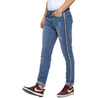 Campus Sutra Mens Classic Blue Medium-Washed Distressed Side Striped Regular Fit Denim Jeans | Mid-Rise Stretchable Cotton Denim Jeans Crafted With Comfort Fit & High Performance For Everyday Wear